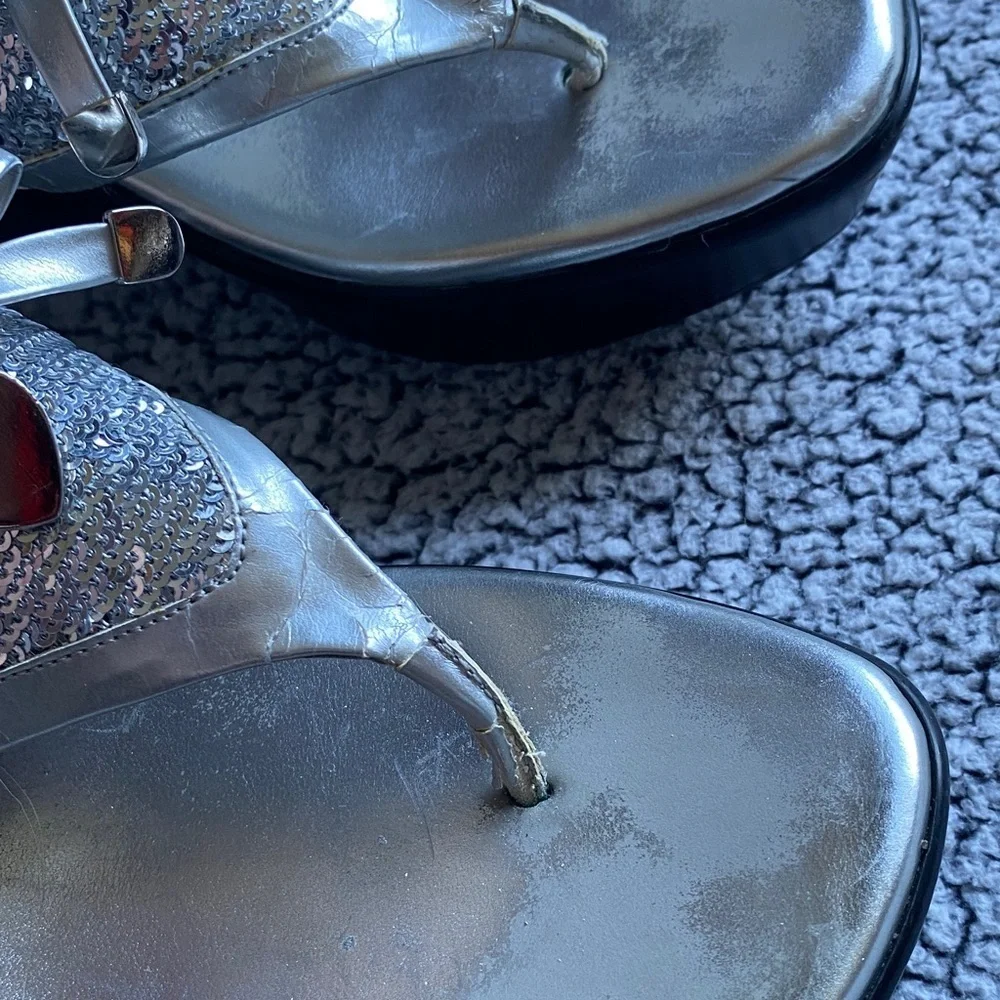 Guess Metallic Silver Sequin Wedge Sandals with Heart Charm